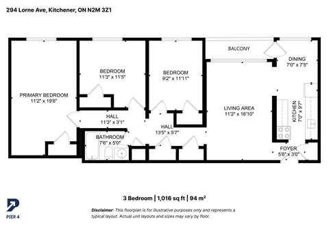 Floor plan for 3 beds, 1 bath
